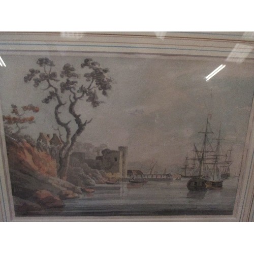 157 - EARLY 19TH CENTURY WATERCOLOUR OF SHIPS IN HARBOUR - INFORMATION ON BACK 