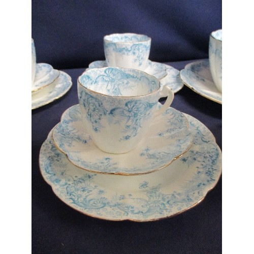 257 - A VERY PRETTY FOLEY WILEMAN, PRE SHELLEY TEASET, LILY FERN PATTERN IN PALE BLUE, SCALLOPED SAUCERS -... 