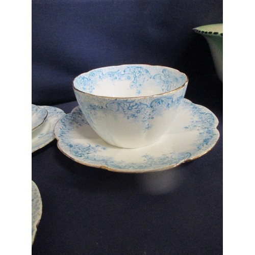 257 - A VERY PRETTY FOLEY WILEMAN, PRE SHELLEY TEASET, LILY FERN PATTERN IN PALE BLUE, SCALLOPED SAUCERS -... 