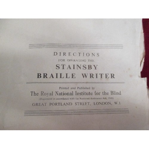 278 - VINTAGE STAINSBY BRAILLE WRITER / TYPEWRITER WITH A BOARD BY J.M.G. INSTRUMENTS LONDON, TOGETHER WIT... 