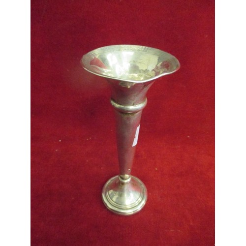 115 - SILVER BUD VASE, BIRMINGHAM 1957, - FILLED BASE, GROSS WEIGHT 79 GRAMS - 15CM