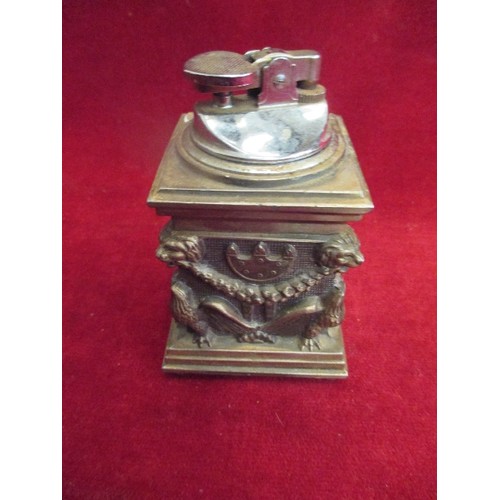 86 - VINTAGE TABLE LIGHTER, THE CAST METAL COLUMN WITH RAISED EAGLES, LION HEADS AND WREATHS