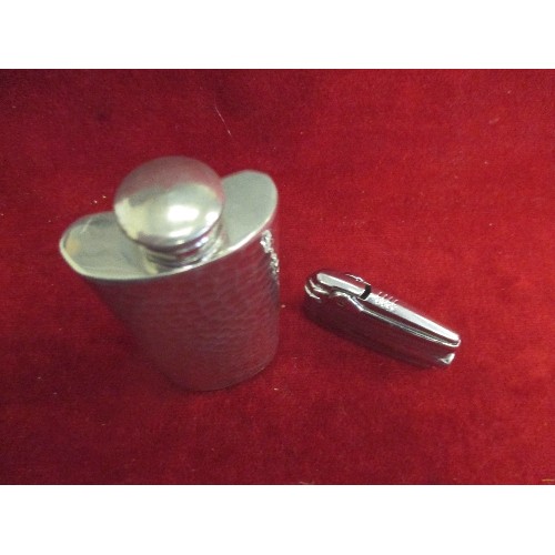 87 - ENGLISH PEWTER SPIRIT FLASK AND A RONSON VARAFLAME CIGARETTE LIGHTER