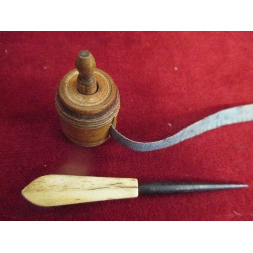 121 - VICTORIAN TURNED WOODEN BARREL SEWING TAPE MEASURE, TOGETHER WITH A BONE HANDLED STILETTO