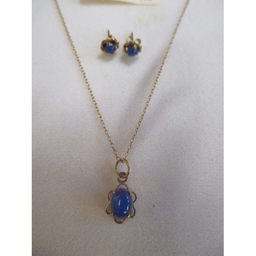 51 - A 9CT GOLD FINE NECKLACE AND EARRING SET WITH PALE BLUE CABOCHONS, WITH ORIGINAL DISPLAY BOX