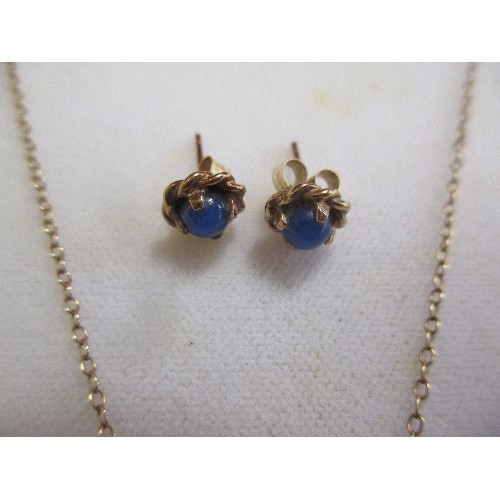 51 - A 9CT GOLD FINE NECKLACE AND EARRING SET WITH PALE BLUE CABOCHONS, WITH ORIGINAL DISPLAY BOX