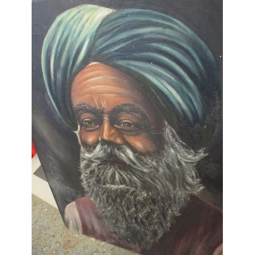 142 - 20TH CENTURY OIL ON CANVAS OF AN ELDERLY SIKH MAN WEARING A TURBAN - 77CM X 56CM