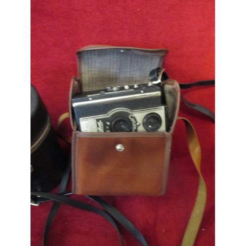 347A - VINTAGE CAMERA LOT INCLUDING A SOLIGOR LENS, CORONET IN CASE, AND CANON AV1 WITH LENS AND CASE