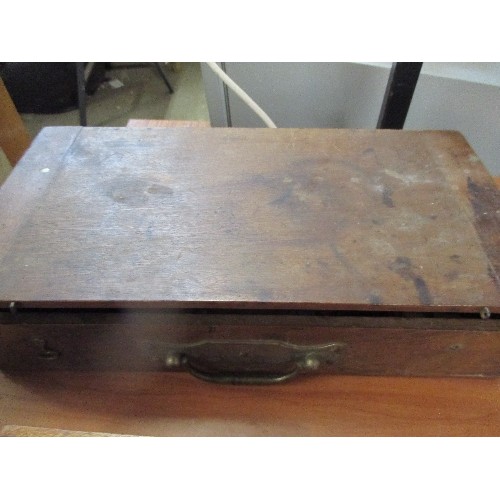 78 - EDWARDIAN MAHOGANY BOX WITH COLLECTABLE CONTENTS CHURCHILL CROWN, 1937 CORONATION MEDAL, NAPKIN RING... 