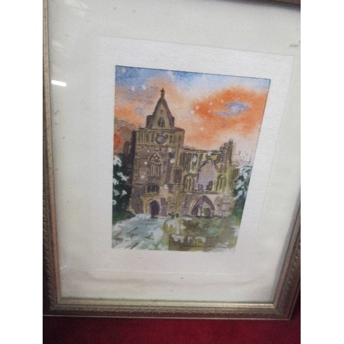 136 - LOCAL INTEREST - CROWLAND - WATERCOLOUR OF CROWLAND ABBEY, 2002, AND A CROYLAND ABBEY CRYSTAL BELL A... 