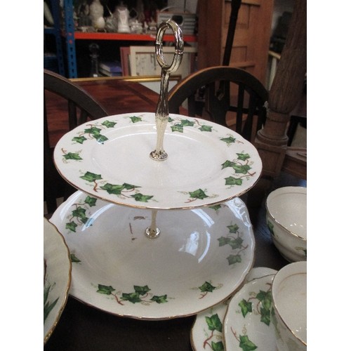 232A - FULL 12 SERVING COLCLOUGH TEA SET - IVY PATTERN , WITH 2 TIER CAKE STAND, TEA PLATES AND BOWLS