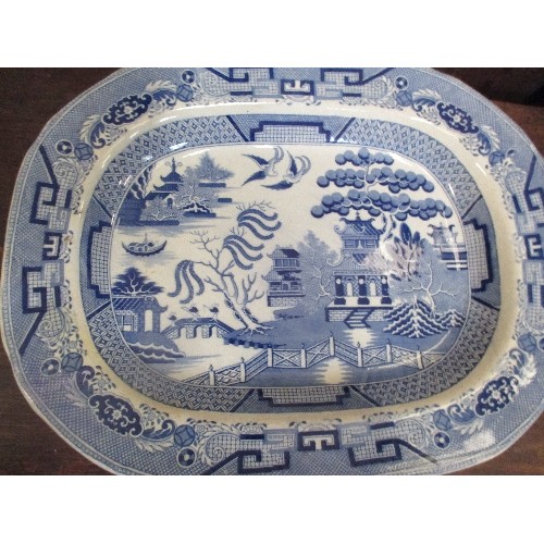 250A - 2 X LARGE VICTORIAN WILLOW PATTERN STAFFORDSHIRE MEAT PLATES - 46CM X 36CM AND 40CM DIA