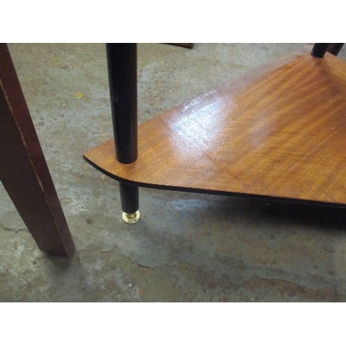 310 - MID CENTURY RETRO CORNER TABLE WITH SHELVES - TEAK VENEER ON BLACK CYLINDRICAL LEGS TERMINATING IN B... 