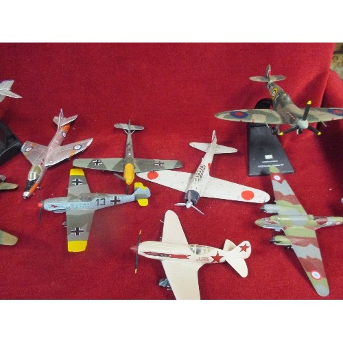 368 - BOX OF MODEL AEROPLANES ON STANDS INCLUDING 1944 MESSERSCHMITT ME 163B, SUPERMARINE SPITFIRE ETC