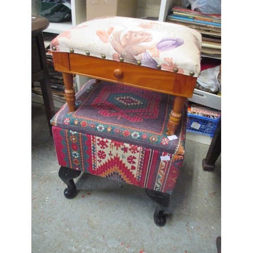 396 - SEWING BOX ON QUEEN ANNE LEGS AND A SMALL FOOTSTOOL WITH A DRAWER