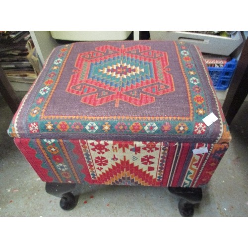 396 - SEWING BOX ON QUEEN ANNE LEGS AND A SMALL FOOTSTOOL WITH A DRAWER