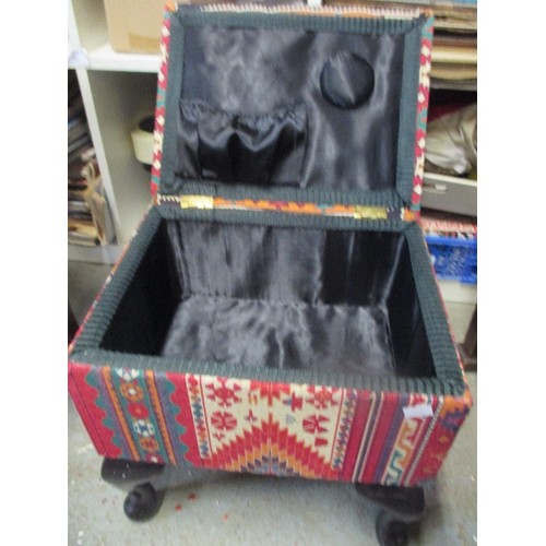 396 - SEWING BOX ON QUEEN ANNE LEGS AND A SMALL FOOTSTOOL WITH A DRAWER