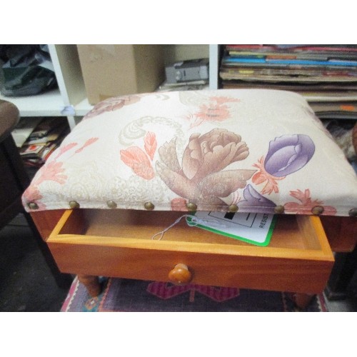 396 - SEWING BOX ON QUEEN ANNE LEGS AND A SMALL FOOTSTOOL WITH A DRAWER