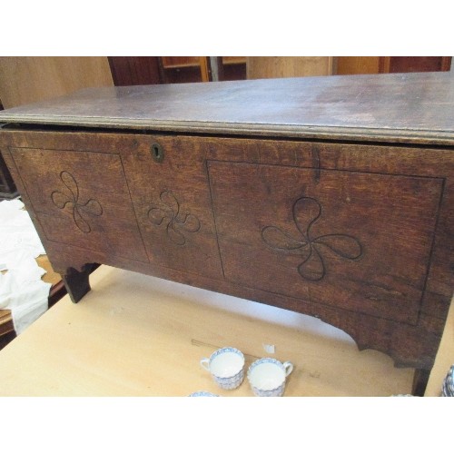 405A - LATE 17TH / EARLY 18TH CENTURY OAK BOARDED PLANK COFFER WITH CARVED FRONT - 19TH CENTURY NEWSPAPER L... 