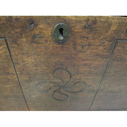 405A - LATE 17TH / EARLY 18TH CENTURY OAK BOARDED PLANK COFFER WITH CARVED FRONT - 19TH CENTURY NEWSPAPER L... 