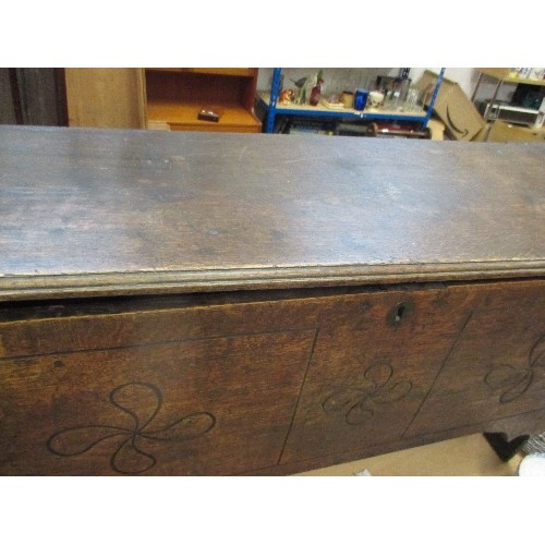 405A - LATE 17TH / EARLY 18TH CENTURY OAK BOARDED PLANK COFFER WITH CARVED FRONT - 19TH CENTURY NEWSPAPER L... 