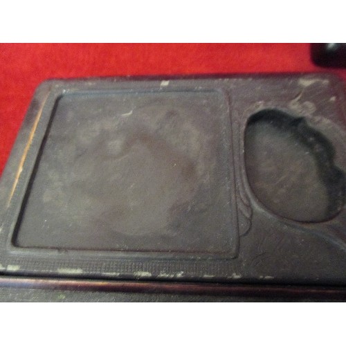 22 - MID 20TH CENTURY CHINESE INKSTONE IN WOODEN BOX WITH FOO DOG INK STICK