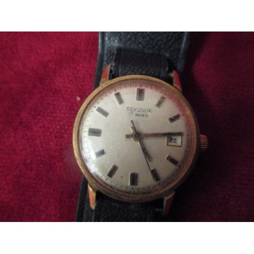 72A - VINTAGE SEKONDA USSR 17 JEWELS GENTS WRIST WATCH - GOLD PLATED - ON BLACK LEATHER STRAP- WORKING