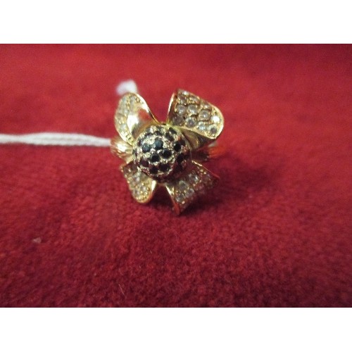 73 - ROSE 14ct GOLD FLOWER RING BLACK AND WHITE STONES MADE IN UKRAINE SIZE K.5 5.95 gr (ONE SMALL STONE ... 