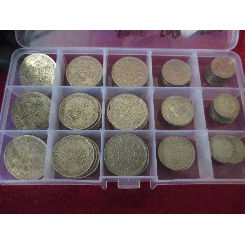 78C - BOX OF GEORGE VI VARIOUS COINS COMPRISING - 3 X HALF CROWNS, 15 X TWO SHILLINGS, TOGETHER WITH ELIZA... 