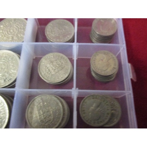 78C - BOX OF GEORGE VI VARIOUS COINS COMPRISING - 3 X HALF CROWNS, 15 X TWO SHILLINGS, TOGETHER WITH ELIZA... 