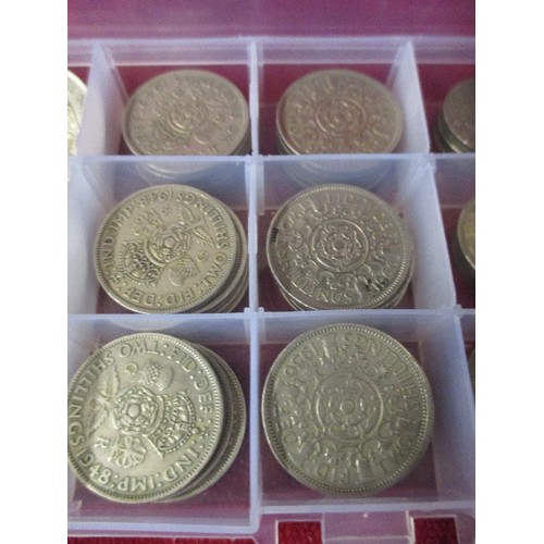 78C - BOX OF GEORGE VI VARIOUS COINS COMPRISING - 3 X HALF CROWNS, 15 X TWO SHILLINGS, TOGETHER WITH ELIZA... 