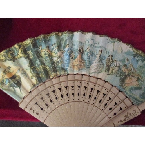 126 - 2 VINTAGE SPANISH FLAMENCO FANS, ONE IN PAPER AND WOOD WITH A FLAMENCO SCENE SIGNED M DIAGO, THE OTH... 