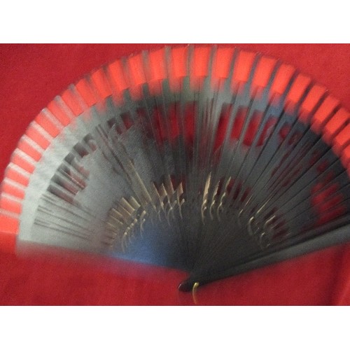 126 - 2 VINTAGE SPANISH FLAMENCO FANS, ONE IN PAPER AND WOOD WITH A FLAMENCO SCENE SIGNED M DIAGO, THE OTH... 