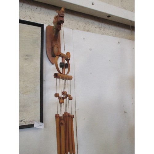 175A - VINTAGE BLACK FOREST CARVED WOOD WALL BRACKET WITH A BAMBOO OWL WIND CHIME, TOGETHER WITH A BOAT SHA... 