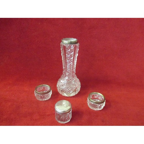 36 - CUT GLASS BUD VASE WITH SILVER RIM - BIRM 1923 TOGETHER WITH A PAIR OF CUT GLASS SALTS, SILVER RIMS ... 