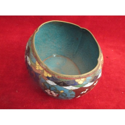 70 - 19TH CENTURY JAPANESE CLOISONNE BOWL OF LOBED FORM, THE PANELS DECORATED WITH BUTTERFLIES & FLOWERS ... 