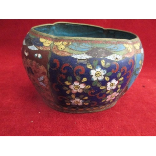 70 - 19TH CENTURY JAPANESE CLOISONNE BOWL OF LOBED FORM, THE PANELS DECORATED WITH BUTTERFLIES & FLOWERS ... 