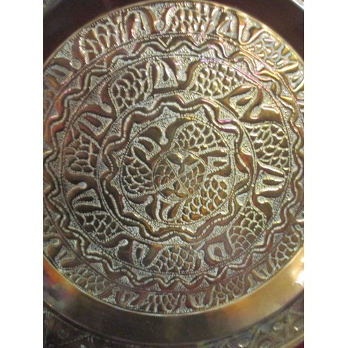 89 - 2 X EARLY / MID 20TH CENTURY EMBOSSED BRASS TRAYS ONE WITH UNUSUAL DESIGN OF SEA CREATURES - PROBABL... 