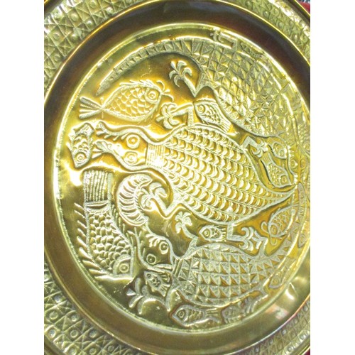 89 - 2 X EARLY / MID 20TH CENTURY EMBOSSED BRASS TRAYS ONE WITH UNUSUAL DESIGN OF SEA CREATURES - PROBABL... 