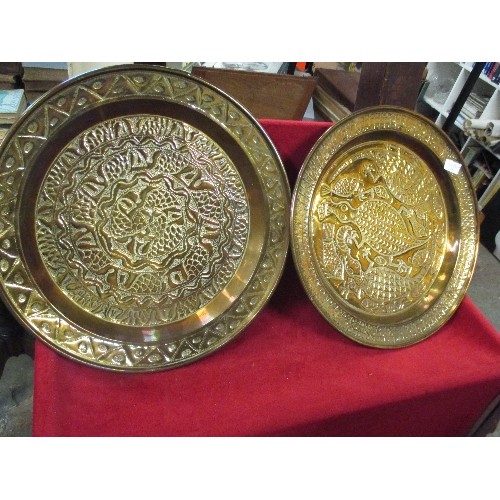 89 - 2 X EARLY / MID 20TH CENTURY EMBOSSED BRASS TRAYS ONE WITH UNUSUAL DESIGN OF SEA CREATURES - PROBABL... 