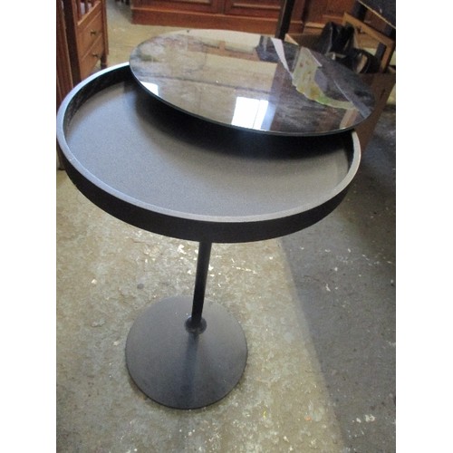 118 - CONTEMPORARY STYLE CIRCULAR SIDE TABLE WITH GLASS TOP WHICH SLIDES FOR STORAGE OF SMALL ITEMS - DIA ... 
