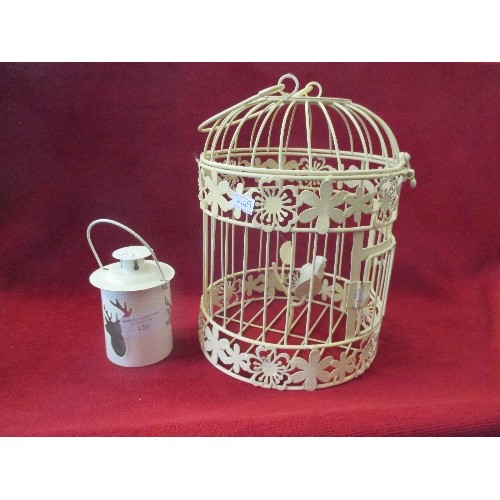 120 - DECORATIVE METAL BIRDCAGE WITH BIRD SCULPTURE AND A STAGS HEAD TEALIGHT HOLDER