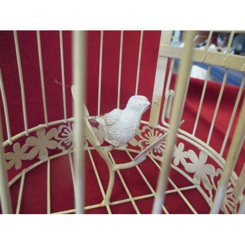 120 - DECORATIVE METAL BIRDCAGE WITH BIRD SCULPTURE AND A STAGS HEAD TEALIGHT HOLDER