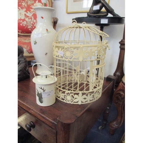 120 - DECORATIVE METAL BIRDCAGE WITH BIRD SCULPTURE AND A STAGS HEAD TEALIGHT HOLDER
