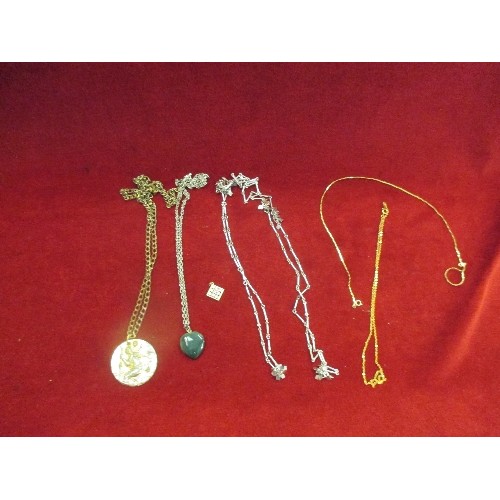 27 - BOX OF COSTUME JEWELLERY INCLUDING LARGE ST CHRISTOPHER ON CHAIN, CONTEMPORARY WHITE METAL NECKLACE ... 