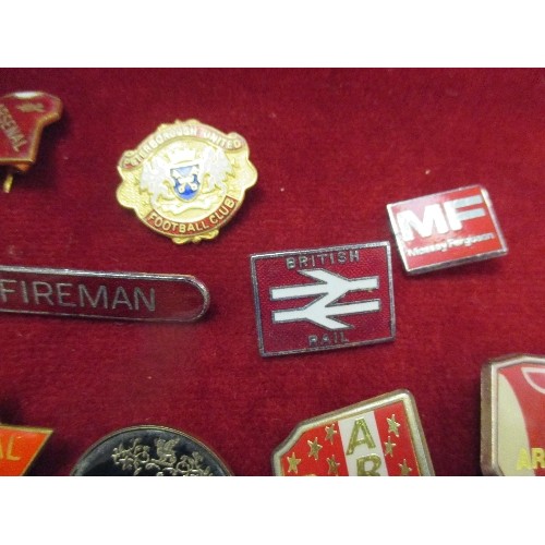 28 - COLLECTION OF VINTAGE ENAMEL PIN BADGES INCLUDING BRITISH RAIL, ARSENAL, PETERBOROUGH UNITED, 