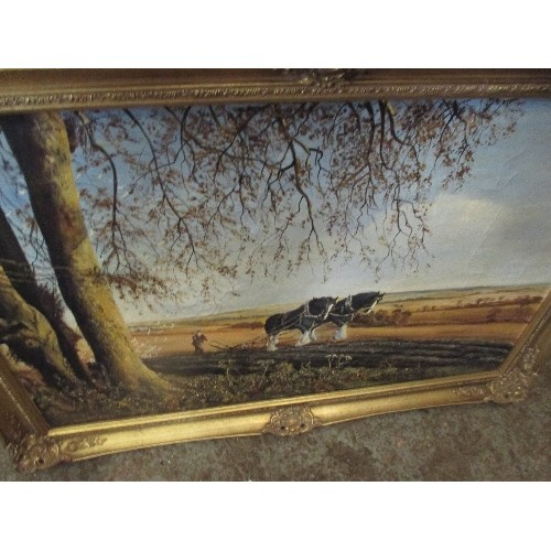 61 - LARGE OIL PAINTING ON CANVAS OF SHIRE HORSES PLOUGHING, IN GILT FRAME - 105CM X 75CM