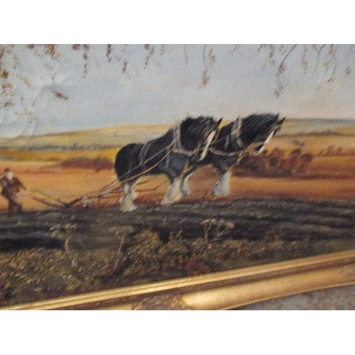 61 - LARGE OIL PAINTING ON CANVAS OF SHIRE HORSES PLOUGHING, IN GILT FRAME - 105CM X 75CM