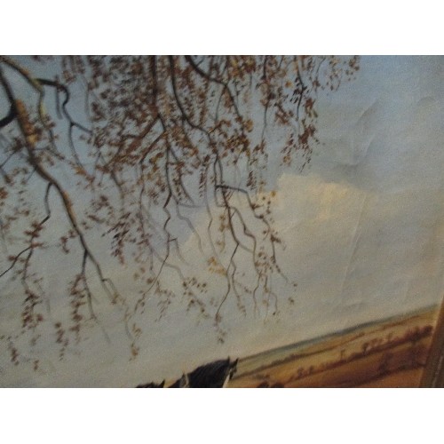 61 - LARGE OIL PAINTING ON CANVAS OF SHIRE HORSES PLOUGHING, IN GILT FRAME - 105CM X 75CM