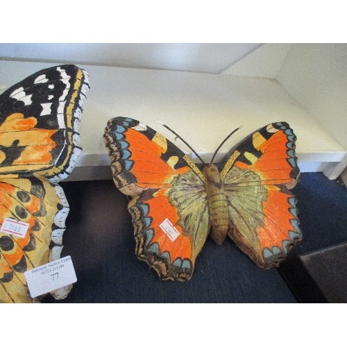 77 - 2 LARGE CONCRETE PAINTED OUTDOOR BUTTERFLIES